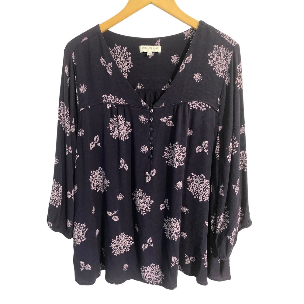 Skies are Blue curvy blouse women size 2X navy purple floral flowy peasant boho